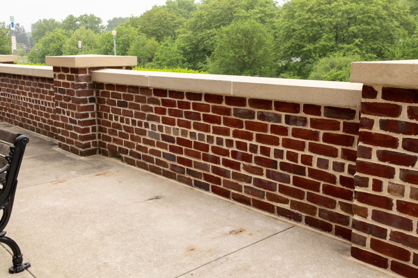 Restored brick wall in front of public library.