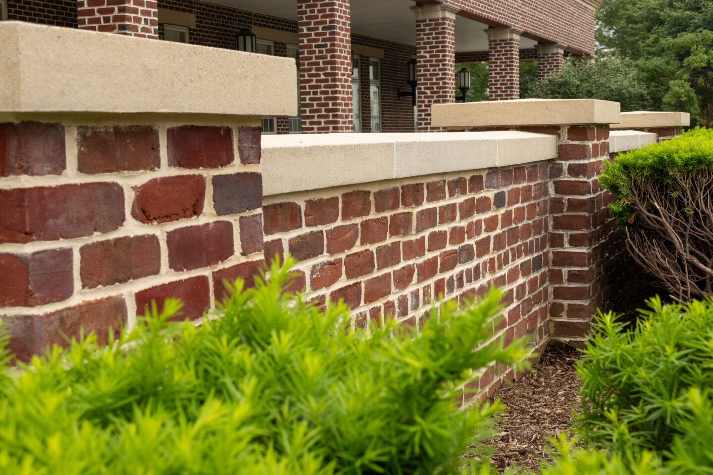 Side view of restored brick wall.